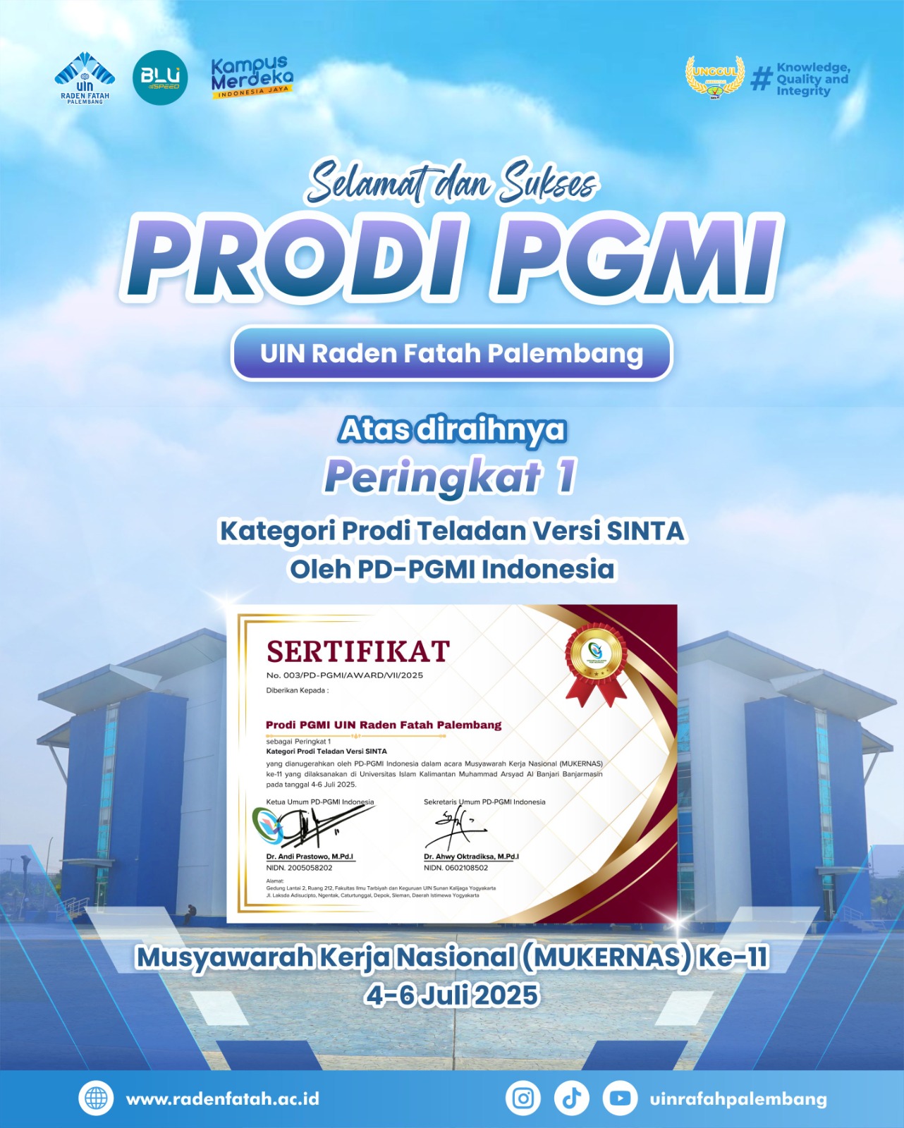 Prodi PGMI UIN Raden Fatah Raih Peringkat 1 Prodi Teladan Versi SINTA…
